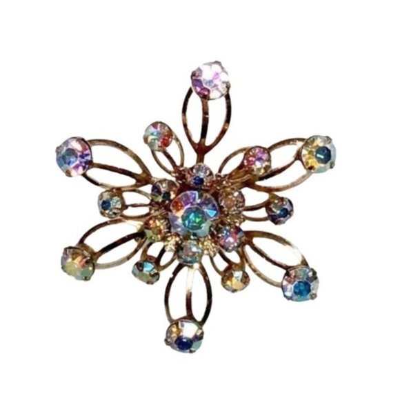 Vintage Aurora Borealis Starburst Brooch - Matte Gold Finish - 25 AB stones - Picture 5 of 8